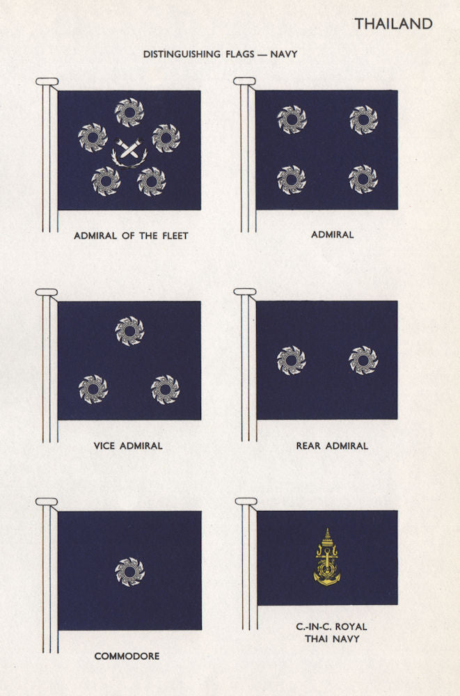 THAILAND NAVY FLAGS. Admiral. Commodore. Commander. Royal Thai Navy 1958 print
